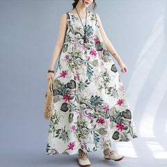 Printed Cotton Linen Round Neck Sleeveless Dress