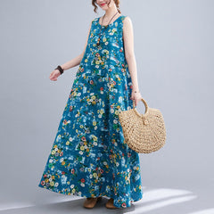 Printed Cotton Linen Round Neck Sleeveless Dress
