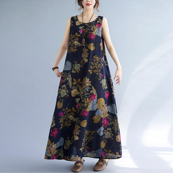 Printed Cotton Linen Round Neck Sleeveless Dress
