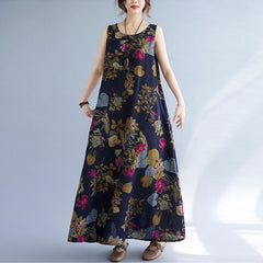 Printed Cotton Linen Round Neck Sleeveless Dress