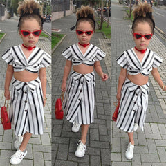 Stylish Baby Girl Suit Striped Sleeveless Short Top And Long Skirt