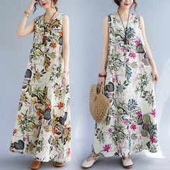 Printed Cotton Linen Round Neck Sleeveless Dress