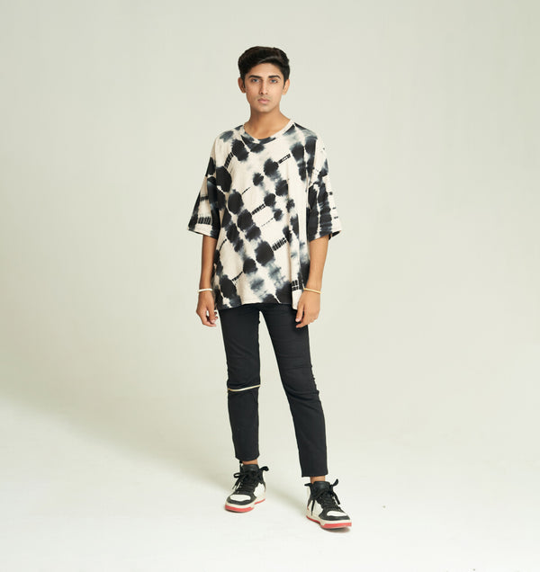 Black and white Tie & dye, Texture fabric, Baggy T-Shirt, 3/4 Sleeves and Crew Neck