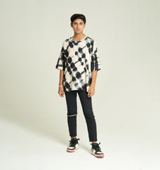 Black and white Tie & dye, Texture fabric, Baggy T-Shirt, 3/4 Sleeves and Crew Neck