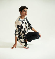 Black and white Tie & dye, Texture fabric, Baggy T-Shirt, 3/4 Sleeves and Crew Neck
