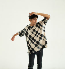 Black and white Tie & dye, Texture fabric, Baggy T-Shirt, 3/4 Sleeves and Crew Neck