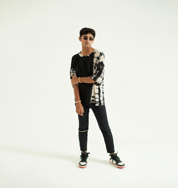 Black and white Tie & dye, Texture fabric, Baggy T-Shirt, 3/4 Sleeves and Crew Neck