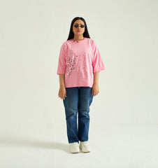 Pink Baggy T-Shirt, 3/4 Sleeves and Crew Neck