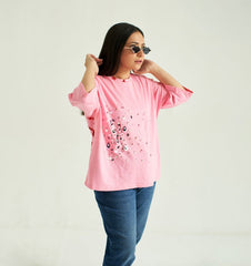 Pink Baggy T-Shirt, 3/4 Sleeves and Crew Neck