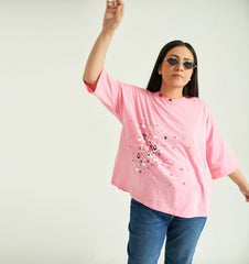 Pink Baggy T-Shirt, 3/4 Sleeves and Crew Neck