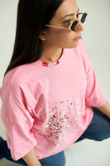 Pink Baggy T-Shirt, 3/4 Sleeves and Crew Neck