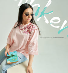 Ladies Light Pink Baggy Crew Neck T-Shirt with Hand Embroidery & 3/4 Sleeves