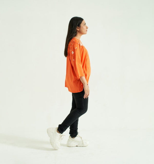 Orange Baggy T-Shirt with Embroidery and Embellishment, 3/4 Sleeves and Crew Neck