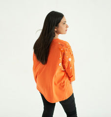 Orange Baggy T-Shirt with Embroidery and Embellishment, 3/4 Sleeves and Crew Neck