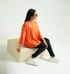 Orange Baggy T-Shirt with Embroidery and Embellishment, 3/4 Sleeves and Crew Neck