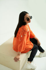 Orange Baggy T-Shirt with Embroidery and Embellishment, 3/4 Sleeves and Crew Neck
