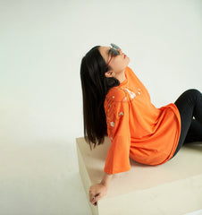 Orange Baggy T-Shirt with Embroidery and Embellishment, 3/4 Sleeves and Crew Neck