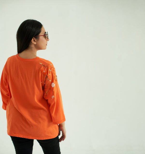 Orange Baggy T-Shirt with Embroidery and Embellishment, 3/4 Sleeves and Crew Neck