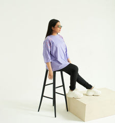 Lilac Baggy T-Shirt with Embroidery and Embellishment, 3/4 Sleeves and Crew Neck