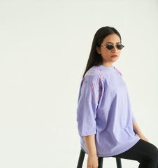 Lilac Baggy T-Shirt with Embroidery and Embellishment, 3/4 Sleeves and Crew Neck