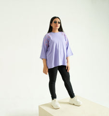 Lilac Baggy T-Shirt with Embroidery and Embellishment, 3/4 Sleeves and Crew Neck
