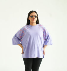 Lilac Baggy T-Shirt with Embroidery and Embellishment, 3/4 Sleeves and Crew Neck