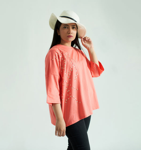 Peach Baggy T-Shirt with Embroidery and Embellishment, 3/4 Sleeves and Crew Neck