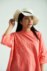 Peach Baggy T-Shirt with Embroidery and Embellishment, 3/4 Sleeves and Crew Neck