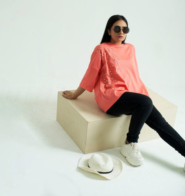 Peach Baggy T-Shirt with Embroidery and Embellishment, 3/4 Sleeves and Crew Neck