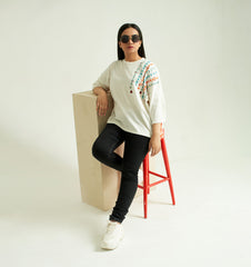 White Baggy T-Shirt with Multi Color Embroidery, Tie and Dye back , 3/4 Sleeves and Crew Neck