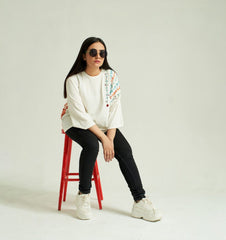 White Baggy T-Shirt with Multi Color Embroidery, Tie and Dye back , 3/4 Sleeves and Crew Neck