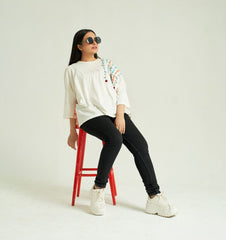 White Baggy T-Shirt with Multi Color Embroidery, Tie and Dye back , 3/4 Sleeves and Crew Neck