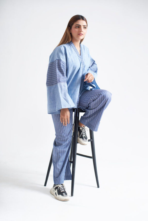 Blue Cotton Stripe Baggy Top & Bottom (Complete suit)