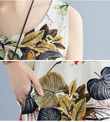 Printed Cotton Linen Round Neck Sleeveless Dress
