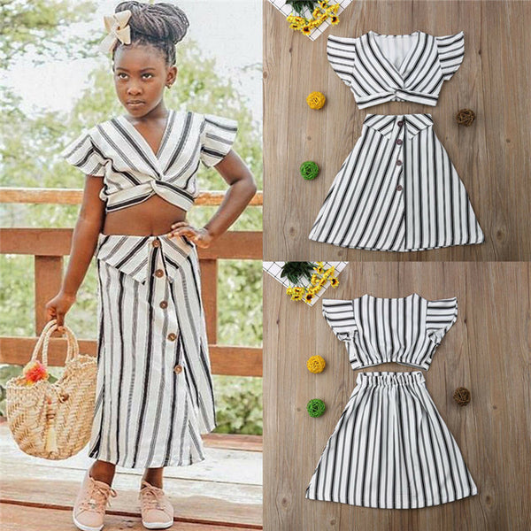 Stylish Baby Girl Suit Striped Sleeveless Short Top And Long Skirt