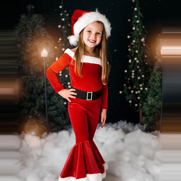 Christmas Long-sleeved Shirt Bell Bottoms Hat Three-piece Children's Clothing