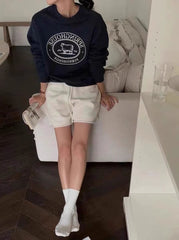 Embroidered Lamb Round Neck Long Sleeve Fleece Pullover