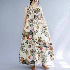 Printed Cotton Linen Round Neck Sleeveless Dress